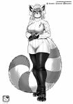  2020 absurd_res ailurid anthro biped bottomwear breasts claws clothing eyewear female fluffy fluffy_tail full-length_portrait fur glasses greyscale hi_res holding_object inner_ear_fluff looking_at_viewer mammal monochrome murazaki pants paws portrait red_panda simple_background smile solo standing sweater topwear tuft white_background 