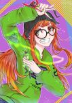  action_figure arms_up bangs beanie blush glasses green_hoodie hat holding holding_toy hood hoodie long_hair onihe8death orange_hair persona persona_5 persona_5_the_royal purple_background sakura_futaba simple_background smile teeth toy ufo 