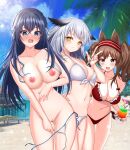  3girls alternate_costume angelina_(arknights) animal_ears arknights ass_visible_through_thighs astesia_(arknights) bangs bare_legs beach beach_chair bikini blue_eyes blue_hair blue_sky blush breasts breasts_outside brown_hair chinese_commentary cleavage closed_mouth cloud cloudy_sky cocktail_umbrella collarbone cowboy_shot crazy_straw crossed_bangs cup day drink drinking_straw embarrassed expressionless eyebrows_visible_through_hair food fox_ears frilled_bikini frills fruit hair_between_eyes heart_straw highres holding holding_cup holding_scissors jewelry large_breasts long_hair looking_at_viewer medium_breasts medium_hair multiple_girls navel necklace nipples open_mouth orange_(food) orange_eyes orange_slice outdoors owl_ears palm_tree pier ptilopsis_(arknights) pussy red_bikini red_eyes scissors side-tie_bikini silver_hair sky smile stomach straight_hair sunlight sweat swimsuit tareme thigh_gap thighs tree twintails uncensored v wardrobe_malfunction white_bikini wing228 