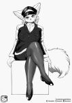  2020 absurd_res clothing coat crossed_legs dress_shirt female fluffy fluffy_tail footwear greyscale hi_res kemono legwear looking_at_viewer mammal monochrome murazaki peaked_cap shirt shoes simple_background sitting solo stockings topwear uniform white_background 