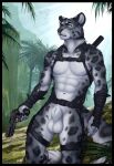  2021 abs animal_genitalia anthro balls clockhands detailed_background felid fully_sheathed genitals gun handgun hi_res jungle male mammal mostly_nude navel pantherine pistol ranged_weapon sheath snow_leopard solo standing weapon 