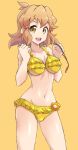  1girl bikini breasts brown_hair clenched_hands commentary_request contrapposto frilled_bikini frills jewelry looking_at_viewer medium_breasts mutsuki_riichi necklace open_mouth orange_eyes purple_eyes purple_hair senki_zesshou_symphogear short_hair simple_background solo swimsuit tachibana_hibiki_(symphogear) yellow_background yellow_bikini 