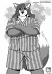  2020 abstract_background absurd_res anthro biped bottomwear canid canine clothing crossed_arms dreadlocks fluffy fluffy_tail greyscale hair hi_res inner_ear_fluff long_hair looking_at_viewer male mammal monochrome murazaki pajamas shorts smile solo standing tuft 