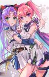  2girls absurdres bangs bare_shoulders blue_eyes breasts fire_emblem fire_emblem:_the_blazing_blade florina_(fire_emblem) gloves highres long_hair looking_at_viewer medium_breasts multiple_girls open_mouth pink_hair purple_eyes scarf serra_(fire_emblem) simple_background tokuhoncil upper_body 