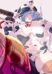  1girl animal_print bangs blue_hair bra breasts cabbie_hat collar cow_print draph earrings eyebrows_visible_through_hair fingernails from_above granblue_fantasy grey_background ground_vehicle hair_between_eyes hat hoop_earrings horns huge_breasts ion_(cation) jewelry long_hair looking_at_viewer midriff motor_vehicle motorcycle navel open_fly pointy_ears sagging_breasts see-through shaded_face shatola_(granblue_fantasy) simple_background sitting sitting_on_object skindentation solo sparkle star_(symbol) stomach thick_thighs thighhighs thighs thong tongue tongue_out unbuttoned underwear v white_bra white_collar wide_sleeves 
