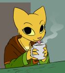  anthro bethesda_softworks beverage claws coffee coffee_mug color_edit colored domestic_cat drinking edit felid feline felis female katia_managan khajiit mammal prequel simple_background solo ta-na the_elder_scrolls tongue tongue_out video_games webcomic 