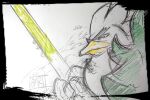  beak feathers gen_8_pokemon highres looking_to_the_side oobari_masami pokemon pokemon_(creature) serious shield signature sirfetch&#039;d sketch solo sword thick_eyebrows translation_request v-shaped_eyebrows weapon 