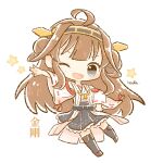  1girl ahoge bangs blush brown_hair character_name chibi detached_sleeves double_bun frilled_skirt frills grey_eyes hand_on_hip headgear highres japanese_clothes kantai_collection kongou_(kancolle) long_hair long_sleeves nada_namie one_eye_closed open_mouth ribbon-trimmed_sleeves ribbon_trim signature simple_background skirt solo star_(symbol) thighhighs white_background wide_sleeves 