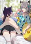  2girls animal_ears blue_archive blue_eyes blurry blurry_background blurry_foreground candy chinese_commentary depth_of_field food grey_hair hair_ornament highres indoors lollipop long_hair looking_at_viewer looking_back multiple_girls pajamas purple_hair red_eyes serika_(blue_archive) shiroko_(blue_archive) short_hair short_shorts shorts thighhighs twintails white_legwear x_hair_ornament zhanzheng_zi 