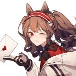  1girl absurdres angelina_(arknights) animal_ears arknights blush brown_hair fox_ears fox_girl gloves headgear heart highres jacket letter long_hair looking_at_viewer one_eye_closed red_eyes solo tochigi_1990 twintails 