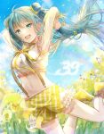  1girl :d absurdres ahoge bangs blue_eyes blue_hair blue_sky bug butterfly crop_top day diagonal-striped_shorts dress_shirt eyebrows_visible_through_hair floating_hair flower hair_between_eyes hair_flower hair_ornament hatsune_miku heartcolor89 highres insect jumping long_hair long_sleeves midriff navel neck_ribbon open_mouth outdoors rapeseed_blossoms ribbon see-through shirt short_shorts shorts sky smile solo stomach sunflower suspender_shorts suspenders tied_hair very_long_hair vocaloid white_shirt yellow_flower yellow_footwear yellow_ribbon yellow_shorts 