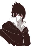  1boy absurdres black_cloak black_hair cloak closed_mouth eyebrows_visible_through_hair ff_frbb122 greyscale highres looking_at_viewer medium_hair monochrome naruto naruto_(series) naruto_shippuuden red_eyes solo_focus uchiha_sasuke white_background 