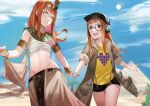  2girls armlet blazpu blue_sky cloud cloudy_sky desert egyptian_clothes glasses green_jacket hat headphones headpiece holding_hands jacket long_hair multiple_girls open_mouth orange_hair persona persona_5 persona_5_scramble:_the_phantom_strikers pixel_art pyramid sakura_futaba sand shirt short_shorts shorts sky smile sun yellow_eyes yellow_shirt 