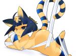  absurd_res animal_crossing ankha_(animal_crossing) anthro areola bandage big_butt butt domestic_cat felid feline felis female hi_res lying mammal meowcaron nintendo on_front one_eye_closed simple_background solo thick_thighs video_games white_background wink yellow_body 