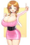  1girl bodycon breasts brown_hair bursting_breasts cleavage cowboy_shot dress framed_breasts huge_breasts idolmaster idolmaster_cinderella_girls katagiri_sanae latex_dress low_twintails microdress one_eye_closed shiny shiny_clothes short_twintails shuz_(dodidu) skin_tight smile solo twintails 