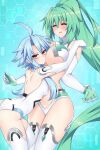  2girls ahoge arched_back bangs bare_shoulders between_breasts blue_background blue_hair breast_press breasts closed_eyes commentary elbow_gloves english_commentary eyebrows_visible_through_hair gloves green_hair green_heart hair_between_eyes hand_on_another&#039;s_shoulder hand_on_another&#039;s_thigh head_between_breasts high_ponytail large_breasts leaning_forward leotard lindaroze long_hair looking_at_viewer multiple_girls neptune_(series) open_mouth parted_bangs patreon_username raised_eyebrows shiny shiny_hair small_breasts standing thighhighs thighs triangle_mouth twitter_username v-shaped_eyebrows very_long_hair watermark web_address white_gloves white_heart white_legwear white_leotard 