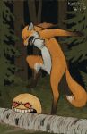  ambiguous_gender angry anthro birch_tree bite canid canine detailed_background duo emoji forest fox kolobok_(story) konhis log mammal meme motion_blur plant red_eyes red_fox semi-anthro signature teeth tree unfinished violence wood 