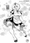  2020 abstract_background absurd_res beer_mug beverage bow_tie breasts clothing cup female fur greyscale hi_res hooves looking_at_viewer maid_uniform monochrome murazaki open_mouth smile solo standing uniform unknown_species 