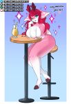 absurd_res anthro barstool beverage big_breasts bikini breasts cervid clothing dialogue female furniture hair hi_res mammal meowcaron nipple_outline pink_body red_hair sitting solo swimwear table talking_to_viewer 