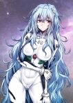  absurdres alternate_hair_length alternate_hairstyle ayanami_rei blue_hair bodysuit breasts eyebrows_visible_through_hair gggg highres holding_own_arm long_hair neon_genesis_evangelion plugsuit red_eyes shiny shiny_clothes tight very_long_hair white_bodysuit 