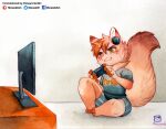  2020 anthro biped blush bottomwear canid canine cheek_tuft chibi clothing controller facial_tuft fluffy fluffy_tail fur game_controller hair hi_res male mammal murazaki open_mouth painting_(artwork) shirt shorts sitting solo t-shirt text text_on_clothing topwear traditional_media_(artwork) tuft video_games watercolor_(artwork) 