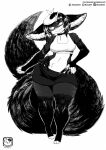 2020 absurd_res anthro biped bottomwear clothing crop_top female fluffy fluffy_tail full-length_portrait fur greyscale hair hi_res inner_ear_fluff legwear looking_at_viewer mammal midriff monochrome murazaki navel portrait shirt skirt smile solo standing thigh_highs topwear tuft unknown_species wide_hips 