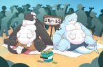  2021 anthro belly belly_rub black_body blue_body bottomwear clothing eyes_closed eyewear fish glasses group hi_res humanoid_hands leonthelionel male marine moobs overweight overweight_male shark shorts sitting white_body 