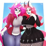  absurd_res anthro big_breasts blue_nipples bottomwear breast_squish breasts breasts_frottage clothing duo equid equine female female/female fishnet hair hasbro hi_res horn mammal my_little_pony nipples pink_hair red_hair skirt squish tatemil unicorn wide_hips 