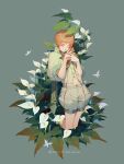  bug butterfly calla_lily closed_eyes flower highres insect leaf lian_yao navel original puffy_shorts puffy_sleeves red_hair short_hair shorts solo_focus white_flower 