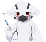 4_fingers 6_ni anthro canid canine canis changed_(video_game) clothing coat dialogue dr._k_(changed) fingers fur gas_mask hi_res holding_object lab_coat looking_at_viewer male mammal mask medical_instrument red_eyes scientific_instrument simple_background solo stethoscope syringe topwear white_background white_body white_fur wolf 