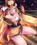  1girl bare_shoulders barefoot blonde_hair breasts buta_(uhoiiotoko) cleavage commentary_request dress facial_mark fate/grand_order fate_(series) forehead_mark full_body grin holding horns ibaraki_douji_(fate) japanese_clothes kimono long_hair looking_at_viewer oni_horns pointy_ears sidelocks small_breasts smile solo squatting strapless strapless_dress tattoo very_long_hair white_dress yellow_eyes yellow_kimono 