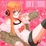  ahoge arm_up bangs belt black_legwear candy eating food fur-trimmed_jacket fur_trim glasses green_jacket hand_up highres holding holding_food jacket leaning_back legs_up lollipop long_hair off-shoulder_shirt off_shoulder orange_hair patterned_background persona persona_5 pink_background purple_eyes pyramid sakura_futaba shirt short_shorts shorts simple_background star_(symbol) t-shirt thighhighs towne ufo vest white_shirt 