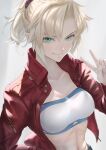  1girl bandeau bangs blush braid breasts cleavage collarbone fate/apocrypha fate_(series) french_braid hair_ornament hair_scrunchie highres imizu_(nitro_unknown) long_hair long_sleeves looking_at_viewer medium_breasts memories_at_trifas mordred_(fate) mordred_(fate)_(all) navel ponytail red_scrunchie scrunchie smile 