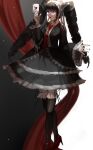  1girl :o absurdres bangs black_hair black_jacket black_legwear black_nails blunt_bangs bonnet card celestia_ludenberg collared_shirt commentary_request danganronpa:_trigger_happy_havoc danganronpa_(series) dress drill_hair frilled_skirt frills full_body gothic_lolita hand_up high_heels highres holding jacket kabedan_(yasai_oisidaro) lolita_fashion long_hair long_sleeves looking_at_viewer nail_polish necktie open_mouth playing_card red_eyes red_footwear red_neckwear shirt shoes skirt smile solo standing thighhighs twin_drills twintails zettai_ryouiki 