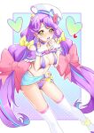  1girl adapted_costume areolae blush bow breasts brown_eyes closed_mouth cure_coral facial_tattoo finger_to_mouth gloves hair_bow heart heart_tattoo highres large_breasts long_hair looking_at_viewer magical_girl navel precure purple_hair red_bow rumo solo suzumura_sango symbol_commentary tattoo thighhighs tropical-rouge!_precure twintails very_long_hair white_gloves white_headwear white_legwear 