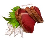  artist_name fish food food_focus highres leaf meat mitomaton no_humans onion original realistic sashimi seafood simple_background still_life tuna vegetable white_background 