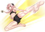  1boy abs absurdres astolfo_(fate) barefoot bike_shorts braid bulge fate/apocrypha fate_(series) flying_kick hair_intakes highres kicking long_braid long_hair male_underwear mizuumi_(bb) motion_blur multicolored_hair muscular otoko_no_ko pink_hair purple_eyes single_braid sports_bra sportswear streaked_hair underwear white_hair 