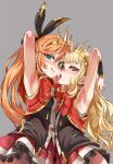  2girls :q after_kiss arm_behind_head armpits asanagi bangs bare_shoulders blonde_hair blush breasts cagliostro_(granblue_fantasy) clarisse_(granblue_fantasy) eyebrows_visible_through_hair granblue_fantasy green_eyes grey_background hair_between_eyes hair_ribbon highres long_hair looking_at_viewer multiple_girls nose_blush open_mouth orange_hair pink_eyes ponytail red_skirt ribbon saliva saliva_trail simple_background skirt sleeveless small_breasts tiara tongue tongue_out very_long_hair 