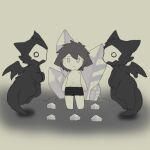  ambiguous_gender anthro black_body black_fur blue_eyes bottomwear brown_hair changed_(video_game) chano clothing crystal dragon flying fur group hair human lin_(changed) male mammal navel neutral_expression shorts simple_background topless_male white_background white_body white_eyes 