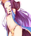  1girl :d armpits arms_up bangs black_sleeves blue_coat blush breasts buta_(uhoiiotoko) chinese_clothes coat commentary_request cowboy_shot detached_sleeves fang fate/grand_order fate_(series) forehead hair_ornament hanfu highres loincloth long_hair long_sleeves looking_at_viewer open_clothes open_coat open_mouth parted_bangs purple_eyes purple_hair simple_background skin_fang small_breasts smile solo string_bra very_long_hair white_background wide_sleeves wu_zetian_(fate) 