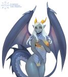  absurd_res anthro breasts dragon female genitals hair hi_res horn invalid_tag loretta_ebony_fonorth_(hunterx90) nibbles nude pussy sagittascuti scales silver_dragon solo story story_in_description teasing white_hair wings yellow_horn 
