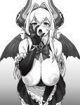  1girl bat_wings blush bow bowtie breasts demon_girl demon_horns eyebrows_visible_through_hair fellatio_gesture gloves gradient gradient_background grey_background greyscale highres horns houtengeki large_breasts long_hair looking_at_viewer monochrome nipples open_mouth original pointy_ears saliva solo sweat wings 