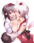  animal_humanoid areola asian_mythology aya_shameimaru big_breasts black_hair blush bodily_fluids breast_squish breasts canid canid_humanoid canine canine_humanoid clothed clothing duo east_asian_mythology elf exposed_breasts female female/female fur hair hat headgear headwear hi_res humanoid humanoid_pointy_ears japanese_mythology karochii_(mochiya) mammal mammal_humanoid momiji_inubashiri mythology nipples open_clothing open_mouth open_shirt open_topwear red_eyes saliva shirt simple_background small_breasts squish tengu tongue tongue_out topwear touhou video_games white_hair yōkai 