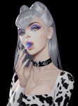  black_nails breasts candy choker cleavage dress earrings evelynn_(league_of_legends) food hoop_earrings jewelry league_of_legends lollipop long_hair looking_at_viewer makeup olesyaspitz open_mouth shiny silver_hair the_baddest_evelynn 