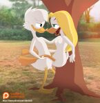  2020 absurd_res against_tree ambiguous_penetration anatid anseriform avian beak bird blonde_hair breasts disney dsketch3r_(artist) duck ducktales ducktales_(2017) duo goldie_o&#039;gilt hair hi_res intraspecies non-mammal_breasts nude outside penetration penile penile_penetration plant scrooge_mcduck sex side_view standing standing_sex tree white_body white_hair 