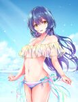  1girl :d absurdres bangs bare_shoulders bikini blue_hair blue_sky blush breasts cloud collarbone day hair_between_eyes head_tilt highres long_hair looking_at_viewer love_live! love_live!_school_idol_project navel ocean open_mouth outdoors see-through side-tie_bikini sky small_breasts smile solo sonoda_umi striped striped_bikini sunlight swept_bangs swimsuit swimwear tanaka212 water_drop yellow_eyes 