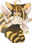  4_arms ahoge anthro arthropod arthropod_abdomen bee black_body black_fur black_hair blush canid canine claws clothed clothing dress female fennec fox fur hair hi_res hybrid hymenopteran insect insect_wings kemono kneeling looking_at_viewer mammal multi_arm multi_limb multicolored_hair pink_eyes sbiarki simple_background smile solo striped_body striped_fur stripes turtleneck two_tone_hair white_background wings yellow_body yellow_fur 