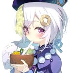  1girl bangs blush braid commentary_request drinking_straw fruit_cup genshin_impact grey_hair hair_between_eyes hair_ornament hat highres holding jacket long_hair looking_at_viewer ofuda olive_(laai) purple_capelet purple_eyes purple_headwear purple_jacket qing_guanmao qiqi_(genshin_impact) simple_background single_braid solo upper_body very_long_hair white_background 