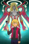  1boy armor blonde_hair blue_eyes card gloves guilhermerm highres looking_at_viewer male_focus monado persona short_hair shulk_(xenoblade) simple_background smile spoilers super_smash_bros. sword vest weapon wings xenoblade_chronicles xenoblade_chronicles_(series) zanza_(xenoblade) 