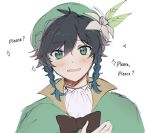  1boy androgynous bangs beret black_hair blue_hair blush bow braid cape collared_cape collared_shirt english_text eyebrows_visible_through_hair flower genshin_impact gradient_hair green_eyes green_headwear hand_on_own_chest hat hat_flower highres leaf looking_at_viewer male_focus multicolored_hair open_mouth shirt short_hair_with_long_locks simple_background smile solo twin_braids veechu venti_(genshin_impact) white_background white_flower white_shirt 